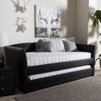 Baxton Studio CF8756-Black-Day Bed Camino Modern and Contemporary Black Faux Leather Upholstered Daybed with Guest Trundle Bed